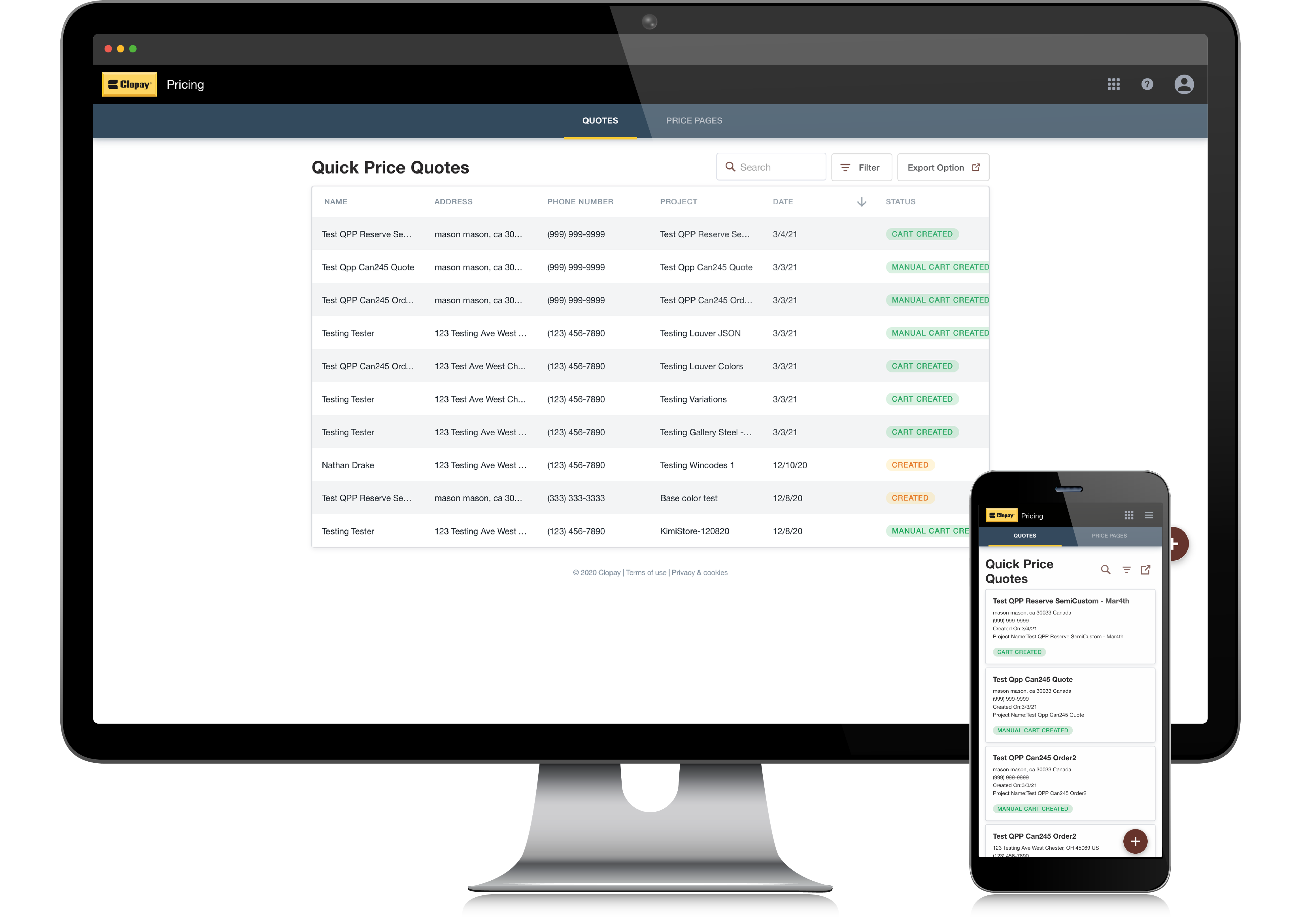Clopay Quick Price Website Screens